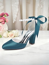 billige Pumps med blokkhæl-dame oransje sateng pumps med blokkhæl og perlemor &amp;bånd ankelstropp - elegante spisse høyhælte sko til bryllup, fester &amp;kveldsarrangementer