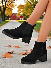 baratos Botas de tornozelo-Botas femininas vermelhas com zíper no tornozelo - botas estilosas de salto grosso em camurça sintética para o Natal, escritório e passeios casuais