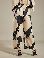 preiswerte Damenhosen-Damenhose mit weitem Bein, Satin, abstrakter geometrischer Druck, elastische Taille, plissiert, lässig, Urlaub, elegant, Frühling, Sommer, Herbst