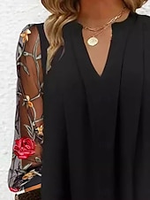 お買い得  シンプルなドレス-女性用 ミニドレス シフトドレス カジュアル 日常 ルーズフィット フラワー 七分袖 Ｖネック ブラック 夏 春 秋