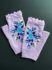 levne Dámské rukavice-Dámské vánoční vyšívané rukavice – květinový vzor se včelami, materiál bavlněná příze, dostupné v několika barvách, ideální pro zimní svátky a slavnostní příležitosti