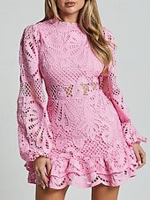 preiswerte schwarzes Minikleid-Damen Minikleid Spitzenkleid schwarzes kleid Cut-out-Kleider Etui-Kleid Mode Modern Mesh-Ärmel Laternenärmel Büro Ausgehen Normale Passform Blumen Langarm Stehkragen Blau Schwarz Weiß Rosa Frühling
