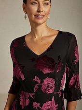  Women's Midi Dress A Line Dress Elegant Birthday Cocktail Wedding Guest Velvet Daily Cocktail Party Regular Fit Floral Half Sleeve V Neck Navy Blue Spring Fall Winter