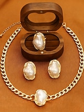 cheap Women's Necklace-Women's Gold Pearl Jewelry Set for Party - Chunky Chain Necklace, Statement Earrings, Bracelet and Ring, Baroque Style Elegant Accessories for Evening &amp; Formal Events