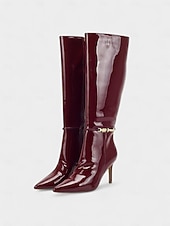 levne Módní boty-Dámské vínové lakované kozačky z imitace kůže se zlatou přezkou, špičatou špičkou a stylovým jehlovým podpatkem, ideální na Vánoce, vánoční večírky a slavnostní příležitosti.