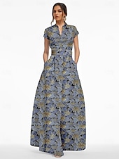 cheap Floor Length-A-Line Floor Length Wedding Guest Dress Formal Dresses Evening Gown Mother of the Bride Dress Short Sleeve V Neck Elegant Vintage Wedding Formal Nylon with Slit Pocket