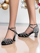 abordables Zapatos de baile latino-Zapatos de tacón con tiras de satén color champán y diamantes de imitación para mujer, estilo Gatsby vintage para baile de salón y fiestas. &amp;eventos formales