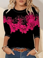 abordables T-shirt rayé et géométrique-Femmes T-shirt Imprimé Fleuri Graphique Plantes ancien Mode Élégant manche longue Col ras du cou Col rond Hauts Réguliers Quotidien Week-end Rose Automne Hiver