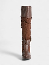 abordables Medieval &amp; Renacimiento-Botas medievales marrones por encima de la rodilla para mujer con tacones de aguja altos y diseño de correa con hebilla, botas de moda de estilo renacentista vintage para fiestas de disfraces, cosplay