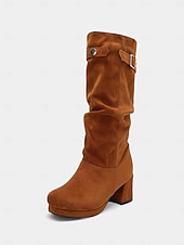 cheap Fashion Boots-Women's Red Suede Slouch Boots with Buckle Detail, Chunky Block Heel, Stylish and Comfortable, Perfect for Winter, Christmas and Casual Occasions