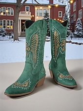 Недорогие Ковбой и западные ботинки-Женские ковбойские сапоги в стиле вестерн из зеленой замши с вышивкой и массивным каблуком — модные ковбойские сапоги в стиле бохо для рождественских фестивалей, уличной моды и повседневных мероприятий