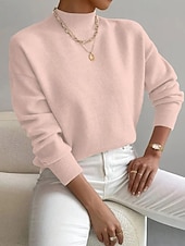 billiga Plain Pullover-Women's Sweater Pullover Fashion Streetwear Casual Solid Color Mock Neck Knitted Long Sleeve Regular Tops Knit Daily Holiday Going out Yellow Pink Fall Winter