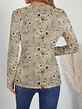 economico T-shirt floreale-Per donna Maglietta Stampato Floreale Grafico Piante Vintage Elegante Classico Manica Lunga Scollo a V Top Regolari Quotidiano Cachi Primavera Autunno