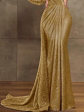 economico Abiti da ballo-Sirena Tromba Strascico da Corte Abito da Sera Abito da ballo con sopragonna Abito formale Elegante Manica Lunga Scollo Illusione Formale Con Paillettes con Pieghe Paillettes