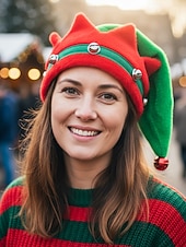 お買い得  レディース帽子-女性用クリスマスエルフハット - 楽しくて華やかな、ベル付きの柔らかいフェルト素材で、ホリデーパーティーやクリスマスのお祝いに最適です。