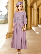 billige Gulvlengde-A-linje gulvlang brudgjestkjole formelle kjoler kveldsdrakt mor til bruden kjole 3/4 lengde erme rund hals elegant formell blonde med ensfarget