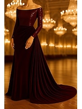 cheap Ball Gown Evening Dresses-A-Line Sweep / Brush Train Evening Gown Ball Gown with Overskirt Formal Dress Elegant Glittering Celebrity Style Long Sleeve Off Shoulder Formal Wedding Sequined Velvet with Pleats Ruched