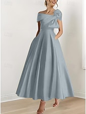 cheap Cocktail Dresses-A-Line Ankle Length Cocktail Dresses Party Dresses Elegant Silky Short Sleeve One Shoulder Wedding Formal Pink Dress Satin with Bow(s)
