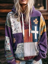 preiswerte Blumen-Hoodies-Damen Kapuzenpullover Druck Fronttasche Blumen Grafik Geometrisch Warm Vintage Lässig Langarm Mit Kapuze Normale Oberteile Lässig Straße Alltagskleidung Blau Rosa Purpur Herbst Winter