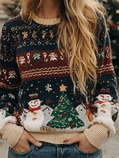 voordelige Kersttruien-Kerst Vrouwen Sweater Mode Casual Grafisch Crew Neck Gebreid Lange Mouwen Regular Tops Brei Werk Khaki Herfst Winter