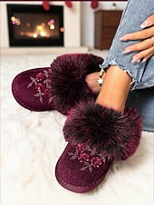 お買い得  レディース・スリッパ＆ビーチサンダル-花の刺繍が施された女性用のバーガンディ色のフェイクファースリッパ - クリスマス、ホリデーギフト、冬のリラックスに最適な、暖かく快適な室内履き