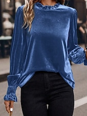 economico Bluse Eleganti-Per donna Velluto Elegant Elegante Blusa Arricciato Semplice Vintage Elegante Manica Lunga Girocollo Top Regolari Quotidiano Ferie Uscire Blu Verde militare Verde Rosa Autunno Inverno