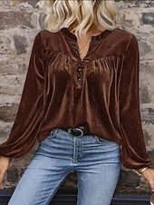 billiga Enkla blusar-Dam Sammet Elegant Blus Knappar Ensfärgat Slät Elegant Stylish Ledigt Långärmad V-hals Vanliga toppar Dagligen Helgdag Utekväll Blå Brun Vår Höst
