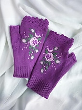levne Dámské rukavice-Dámské vánoční vyšívané rukavice – květinový vzor se včelami, materiál bavlněná příze, dostupné v několika barvách, ideální pro zimní svátky a slavnostní příležitosti