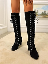  מגפי זמש עם שרוכים עד הברך לנשים, מגפי עקב בלוק בסגנון וינטג' שיק לסתיו &בגדי חורף, קוספליי ולבוש יומיומי