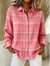 Недорогие Полосатые и геометрические блузки-Жен. Рубашка Блуза Пэчворк Пуговицы С принтом В клетку На каждый день Длинный рукав Рубашечный воротник Обычные топы Повседневные Синий Черный Розовый Красный Пыльно-синий Осень Зима