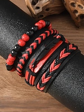 levne Pánské šperky-Pánská sada náramků z umělé kůže, červeno-černé tkané náramky s detaily zlého oka a korálků, stylové na Vánoce, různé vzory