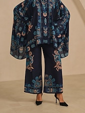 baratos calças femininas-Calças femininas de pernas largas, chiffon, estampa floral havaiana étnica, cintura elástica, casual, férias, primavera, verão, outono