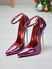 cheap Classic Pumps-Women's Red Patent Leather Stiletto Heels, Shiny Ankle Strap High Heels with Metal Pin Heel for Christmas Parties &amp; Holiday Celebrations