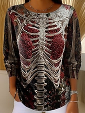 ieftine Bluză și cămăși de Halloween-Pulover pentru femei Drăguț Streetwear Casual Grafică Schelet Guler rotund Patching Tricotat Mânecă lungă Regulare Îmbrăcăminte exterioară Roșie Toamnă Iarnă