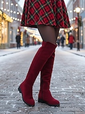 levne Módní boty-Dámské červené kozačky nad kolena – stylové vánoční dlouhé kozačky na zimní módu, večírky a sváteční nošení