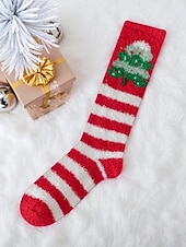 tanie Akcesoria świąteczne-Damskie, świąteczne, puszyste, sięgające do kolan skarpetki, ciepłe i przytulne, zimowe, domowe pończochy z odświętnym, czerwono-zielonym wzorem w gwiazdki, idealne na świąteczny relaks &amp;prezenty