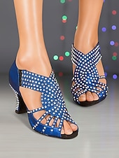 economico Scarpe per balli latini-scarpe da ballo latino professionali da donna con strass blu, tacchi da ballo scintillanti con punta aperta, eleganti prestazioni &amp;scarpe da ballo da competizione per salsa e tango