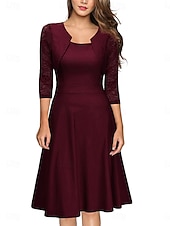 cheap Plain Dress-Women's Mini Dress A Line Dress Elegant Party Cocktail Outdoor Party Wedding Lace Patchwork Regular Fit Solid Color 3/4 Length Sleeve Square Neck Pink Wine Red