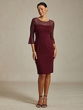  Dam Midiklänning Sheath Dress Elegant Normal Ensfärgat Halvlång ärm Rund hals Vinröd