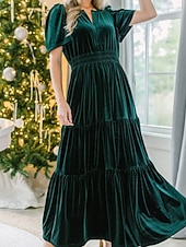 olcso Buliruhák-Női Midi ruha Karácsonyi ruha Bársony ruha Party ruha Koktélruha Elegáns Modern Parti Születésnap Estély Normál Sima Rövid ujjú V-alakú Bor Katonai zöld Sötétkék Sötétzöld Tavasz Ősz