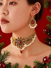 voordelige Dames ketting-Zilveren parelchoker sieradenset voor dames voor kerstfeest, vintage kristallen ketting en oorbellenset voor feestdagen &amp;elegante avondevenementen