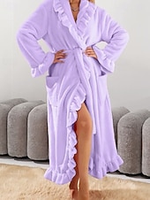 cheap Women's Onesies-Women's Pajamas Robe Flannel Warm Fashion Pure Color Ruffle Pocket Home Daily Bed Long Sleeve Crew Neck Black White Pink Red Purple Fall Winter Regular Fit