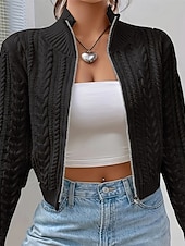 cheap Sweater Jackets-Women's Sweater Cardigan Elegant Fashion Cute Solid Color Stand Collar Zipper Knitted Print Long Sleeve Regular Tops Knit Outdoor Daily Holiday Wine Red Black Fall Winter