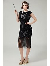  Roaring 20s 1920s Knee Length Flapper Dress Cap Sleeves The Great Gatsby Sequins Fringe Scoop Neck Fancy Dress Women's Christmas Carnival speakeasy Masquerade Retro Theme Party Adults' Dress