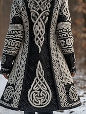 billiga Viking-toppar-Dam Kofta Dagligen Ledigt Grafisk Geometrisk Ribbad Huva Lappverk Ficka Knappar Långärmad Långa toppar Sticka Utomhus Helgen Svart Höst Vinter