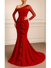 abordables Vestidos de Noche Sirena-Corte Trompeta Sirena Hasta el Suelo Trajes de gala Vestidos de noche Corte Cenicienta Vestimenta formal Elegante Sedoso Manga Larga Un Hombro Boda Formal Tul Crepé elástico con Volantes