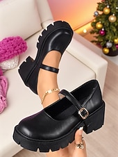 baratos Sapatos Mary Jane-Sapatos plataforma mary jane femininos bordô com tira de fivela, sola grossa, estilo casual e chique para inverno, natal e uso diário