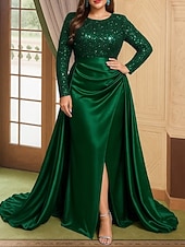 economico Lunghezza del pavimento-Abito a-line lungo fino al pavimento abito da sposa abiti formali abito da sera abito madre della sposa maniche lunghe scollo tondo elegante vintage festa satinato con pieghe paillettes spacco