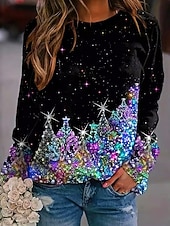 tanie Bluzy z kapturem i swetry świąteczne-Damskie Pullover Graficzny Choinka Codzienny Długi rękaw Półgolf Zwykłe topy Codzienny Święto Nadruk Czarny Niebieski Zielony Wiosna Jesień Zima