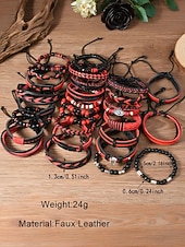 levne Pánské šperky-Pánská sada náramků z umělé kůže, červeno-černé tkané náramky s detaily zlého oka a korálků, stylové na Vánoce, různé vzory